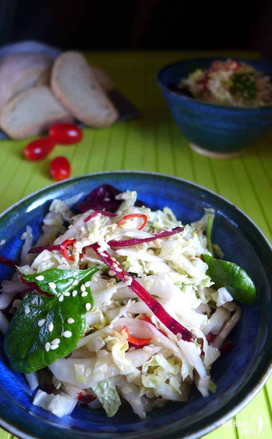 A bowlful of Napa cabbage salad with hot oil dressing