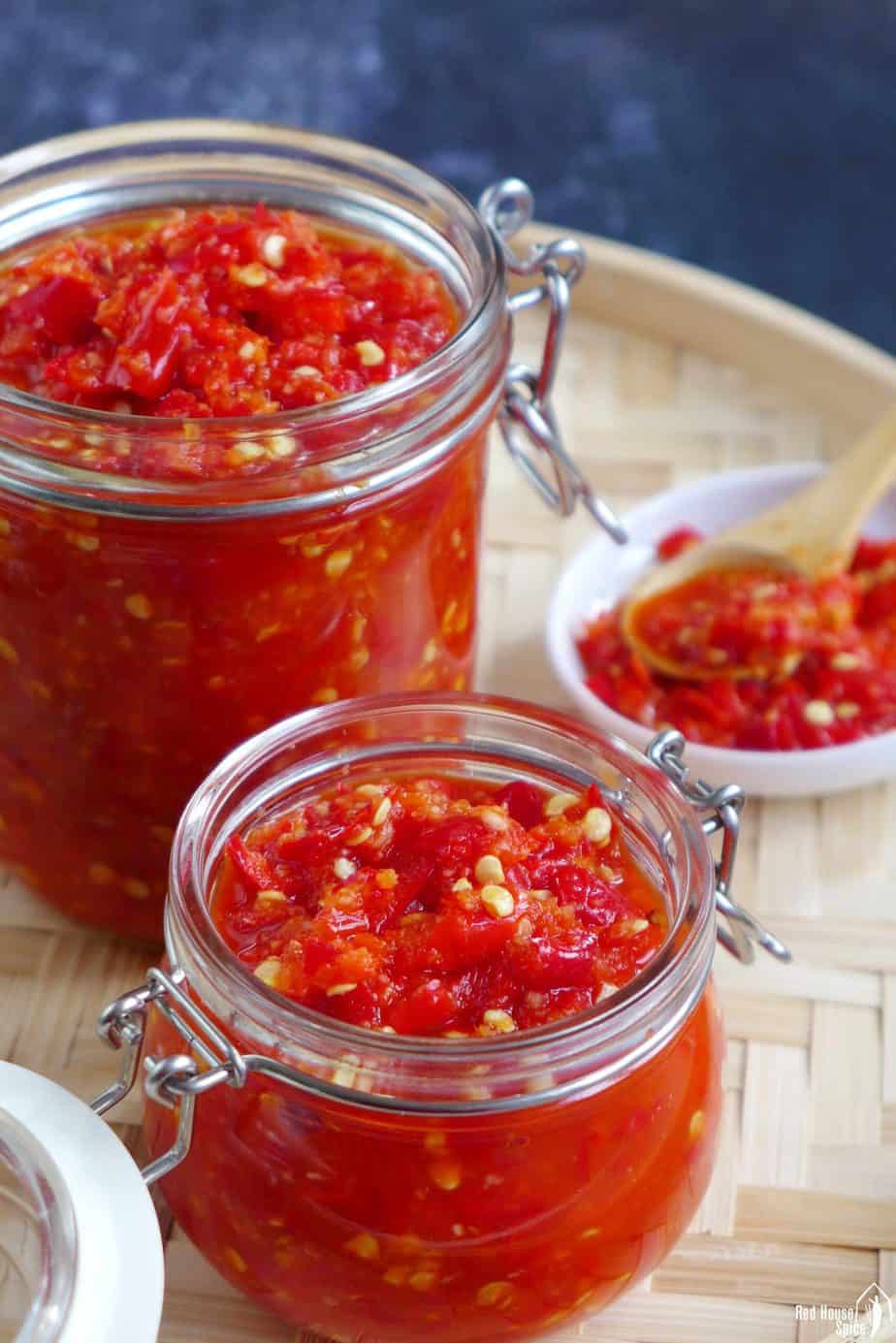 Pickled chili garlic sauce in jars