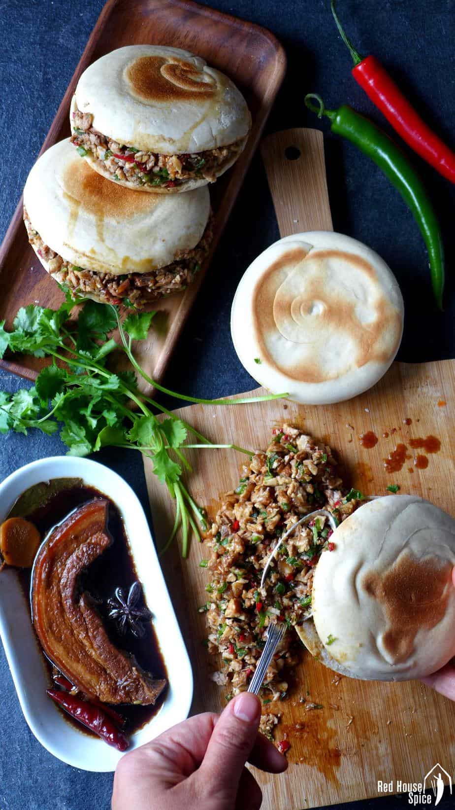Chinese pork burgers and some braised pork belly.