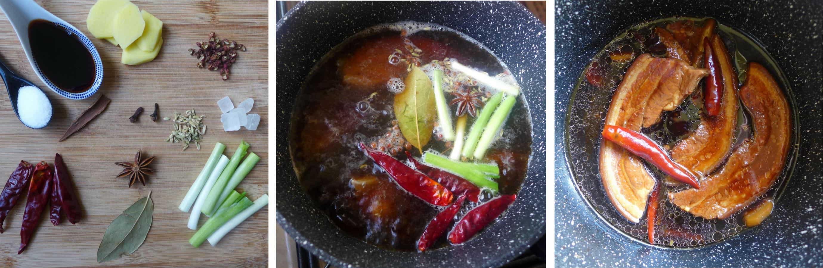 Braising pork belly with spices.