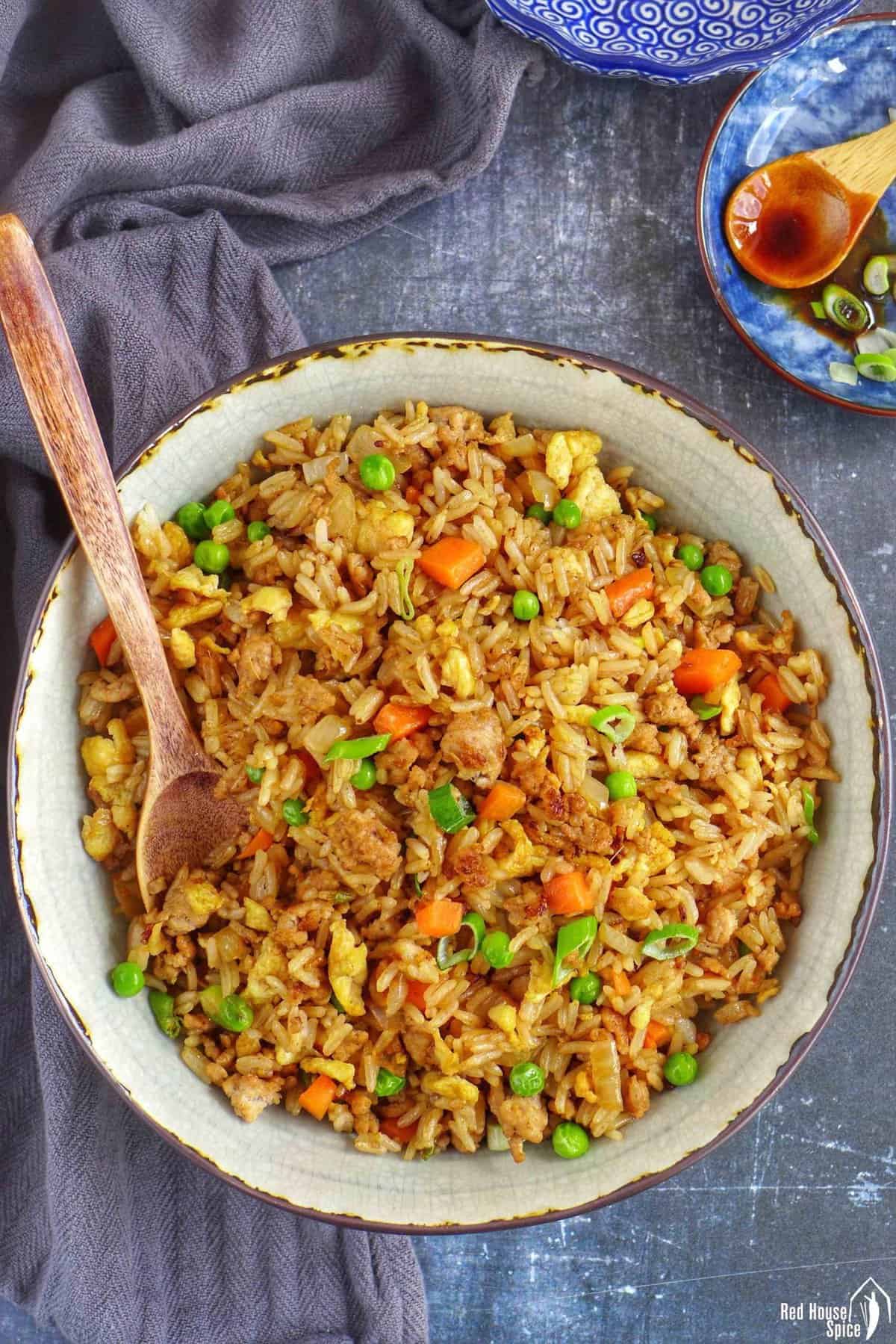fried rice with pork, eggs and veggies