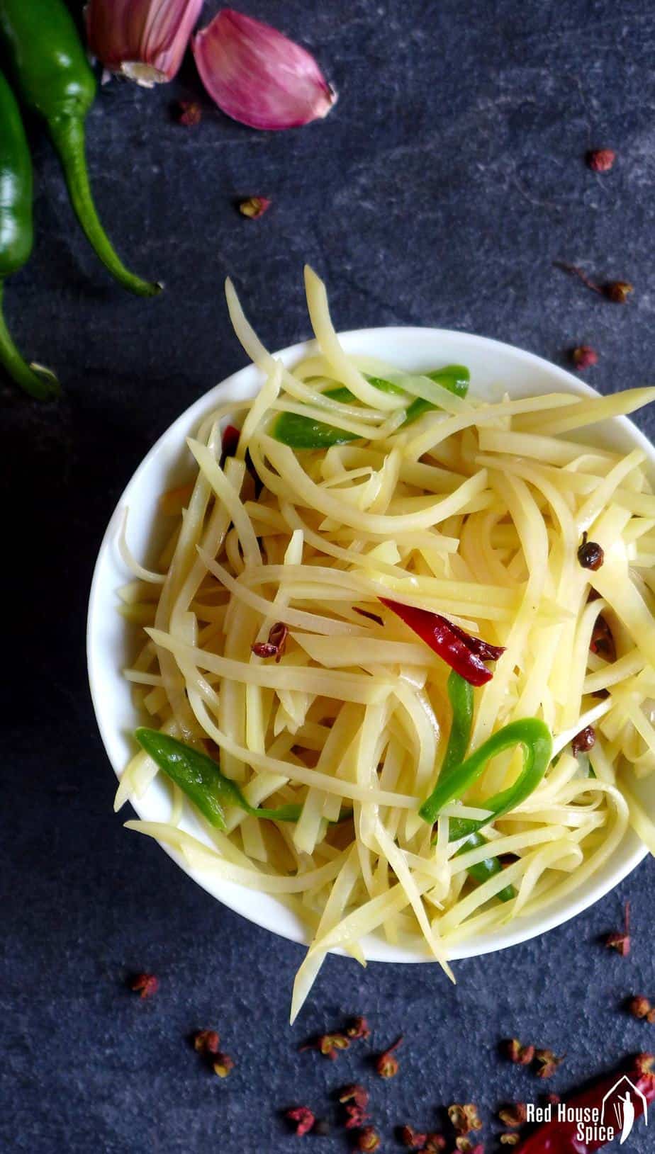 Crunchy, thin strips flavoured with tangy spices, Chinese potato stir-fry shows you an exciting way to prepare potatoes.