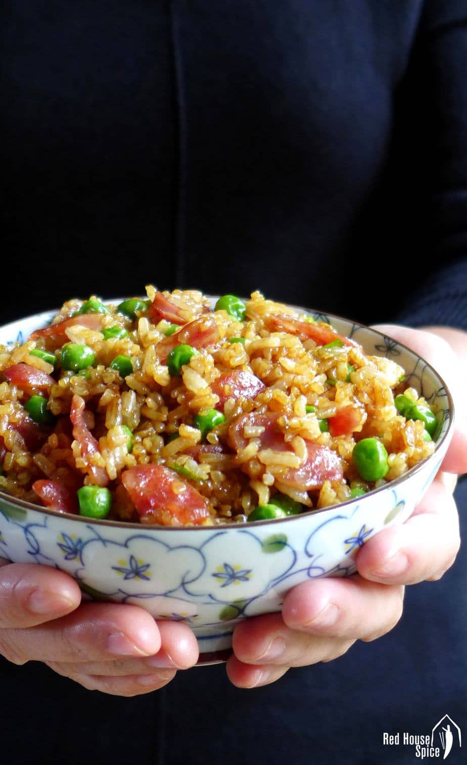 A bowl of fried rice held by hands