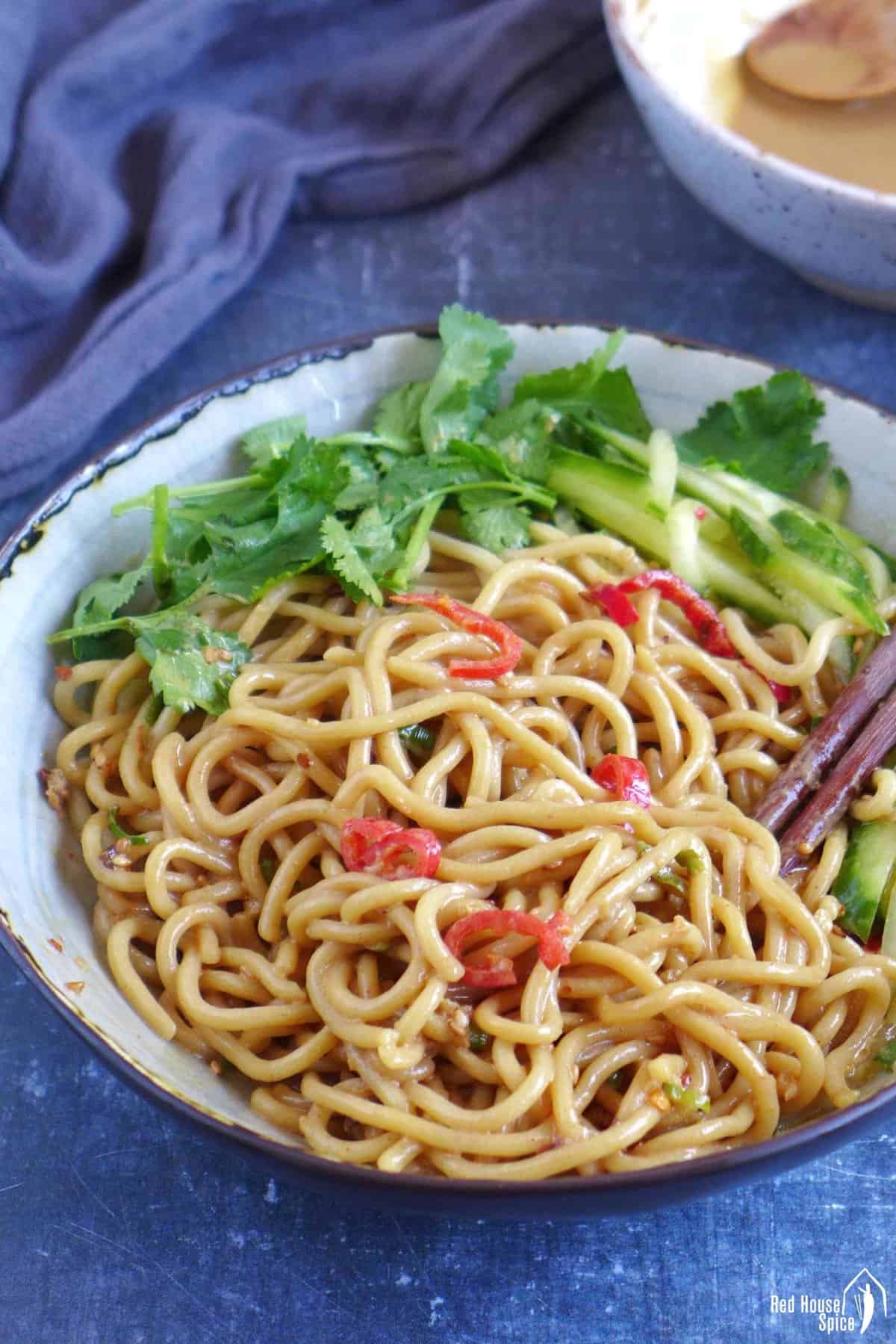 Chinese sesame noodles in a bowl.