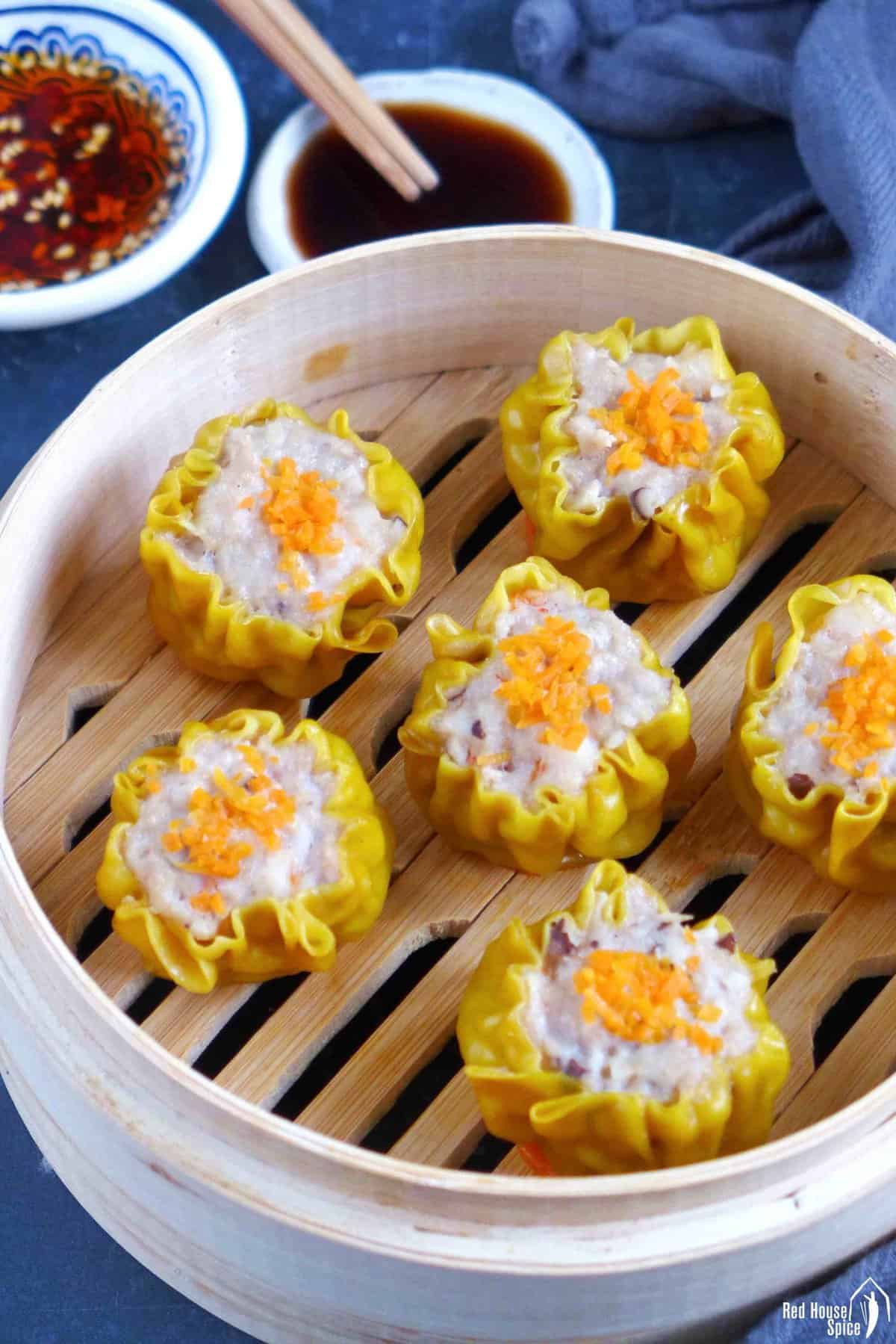 steamed Siu Mai in a steamer.