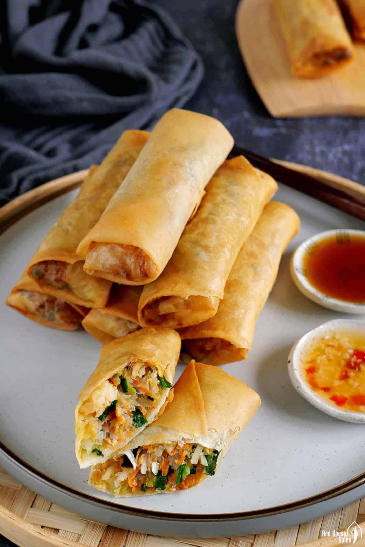 deep fried spring rolls with dipping sauces