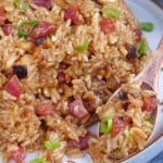 spooning stir-fried Chinese sticky rice.