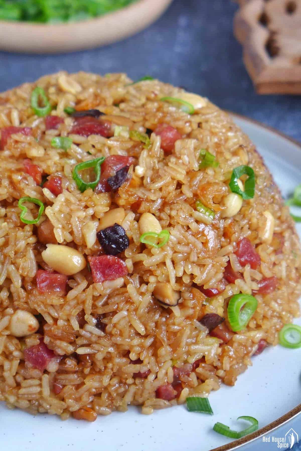 Chinese sticky rice (Lo Mai Fan) in a dome shape.