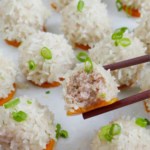 A half eaten pearl meatball with overlay text that says sticky rice meatballs