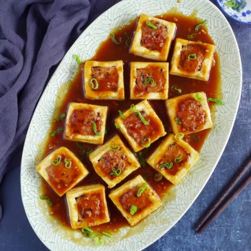 a plate of stuffed tofu