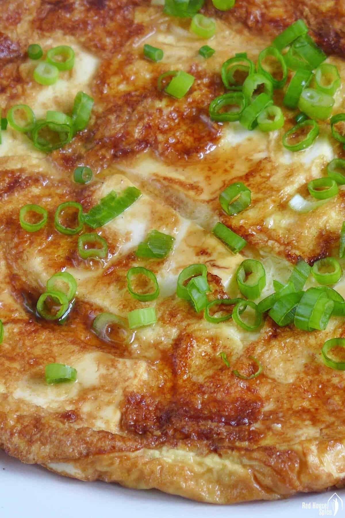 pan-fried tofu and eggs with scallions.