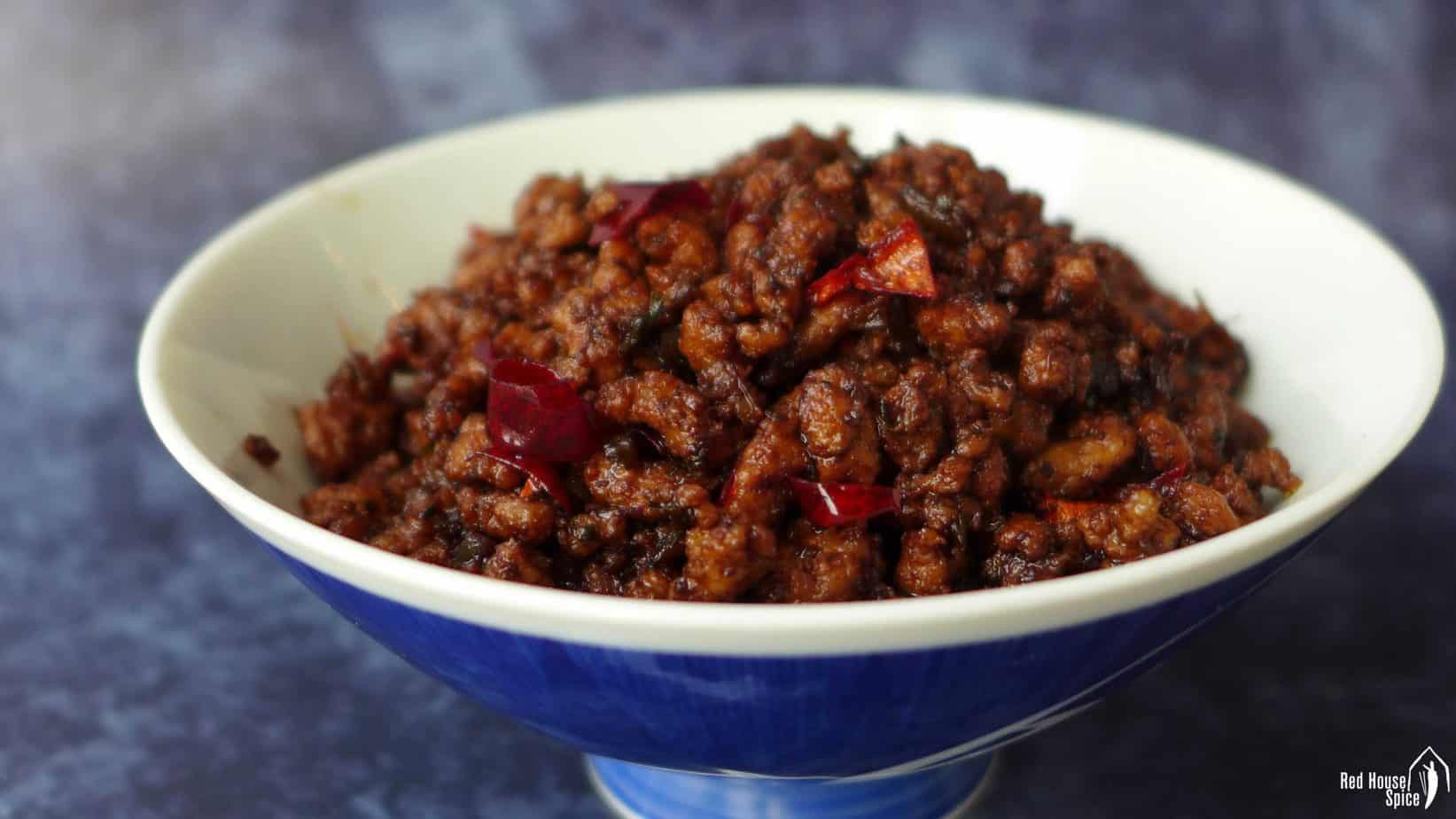 Fried minced meat for Chongqing noodles in a bowl.