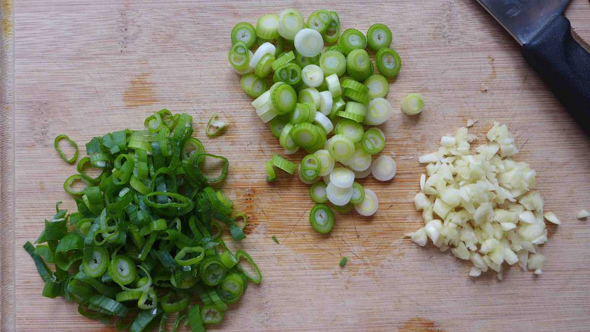 chopped garlic and scallions.