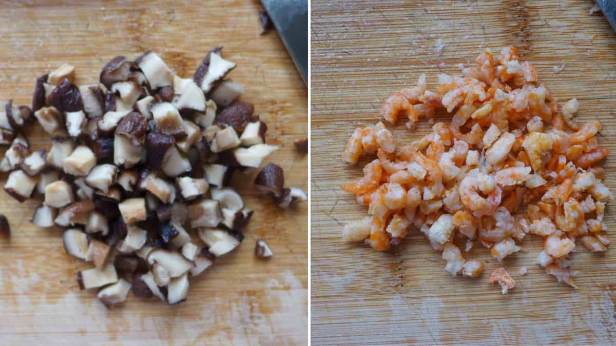 chopped shiitake mushrooms and shrimp