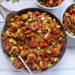 A pot of Chinese soy sauce rice with shrimps
