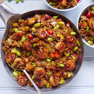 A pot of Chinese soy sauce rice with shrimps