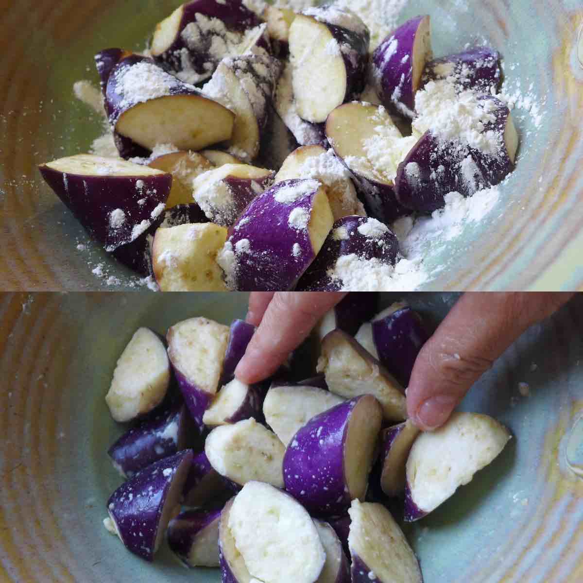 coating eggplant with cornstarch.