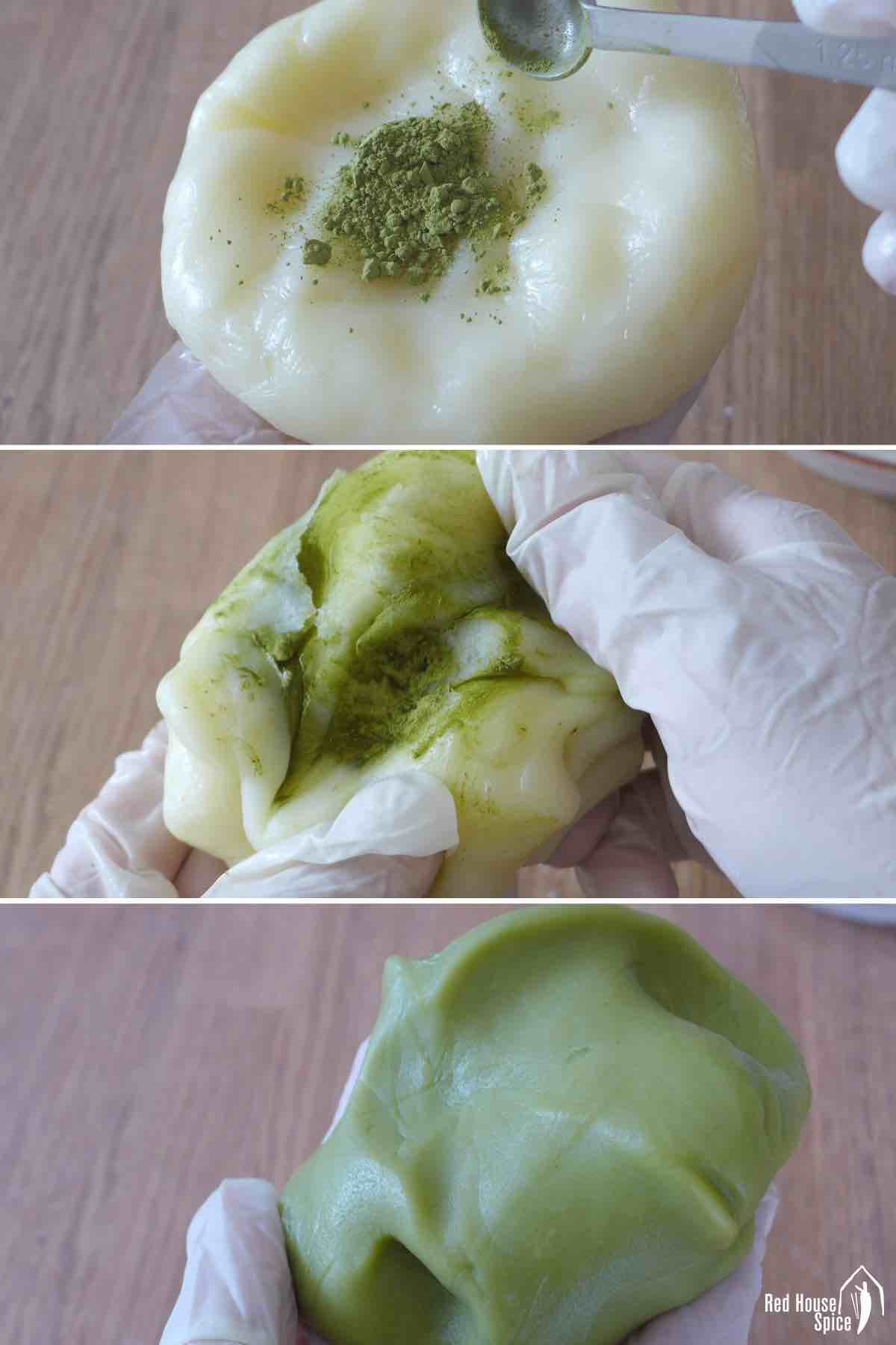 coloring mooncake skin with matcha powder.