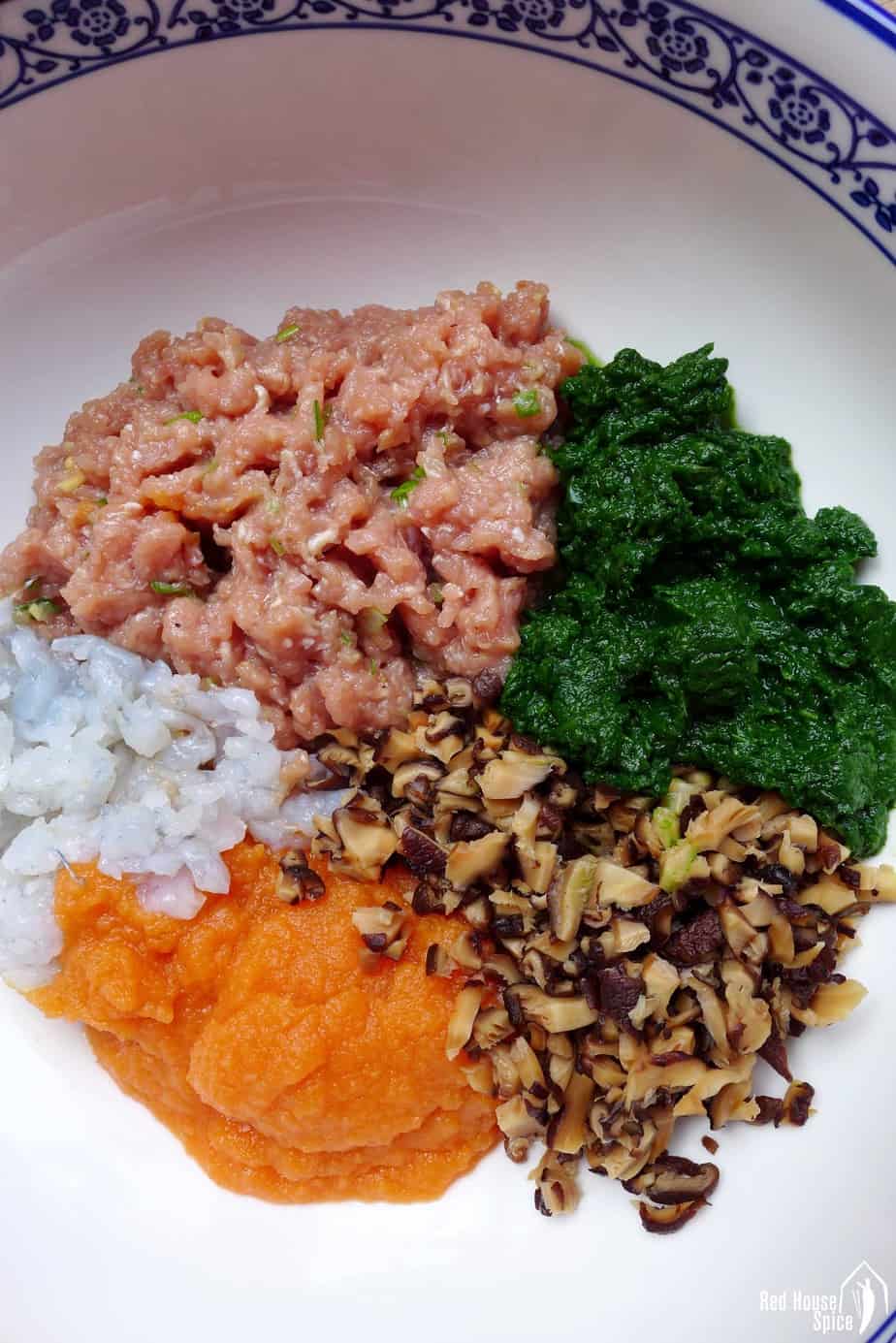 Dumpling filling consists of pork, shrimp, mushroom & vegetables.