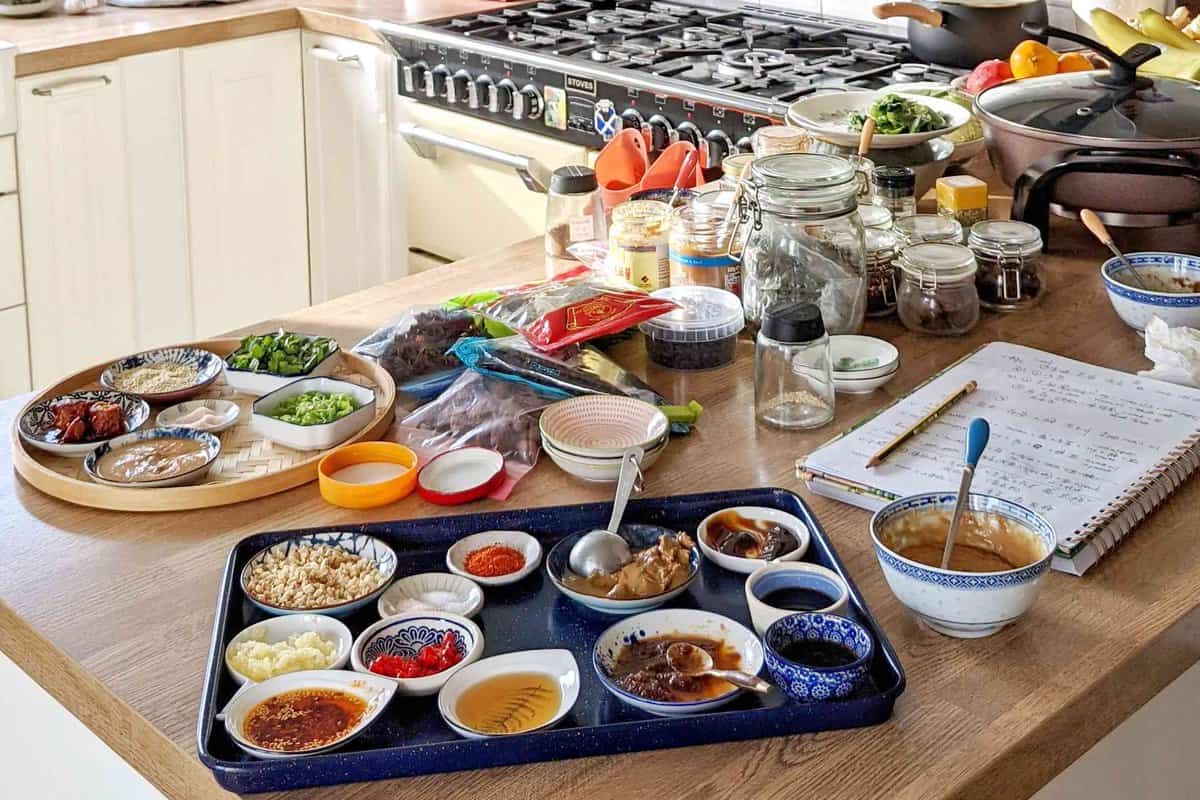 various condiments on kitchen counter.