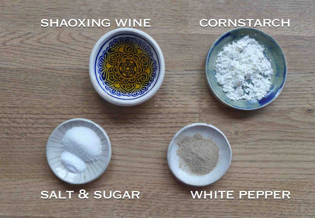 rice wine, cornstarch, pepper, salt and sugar.