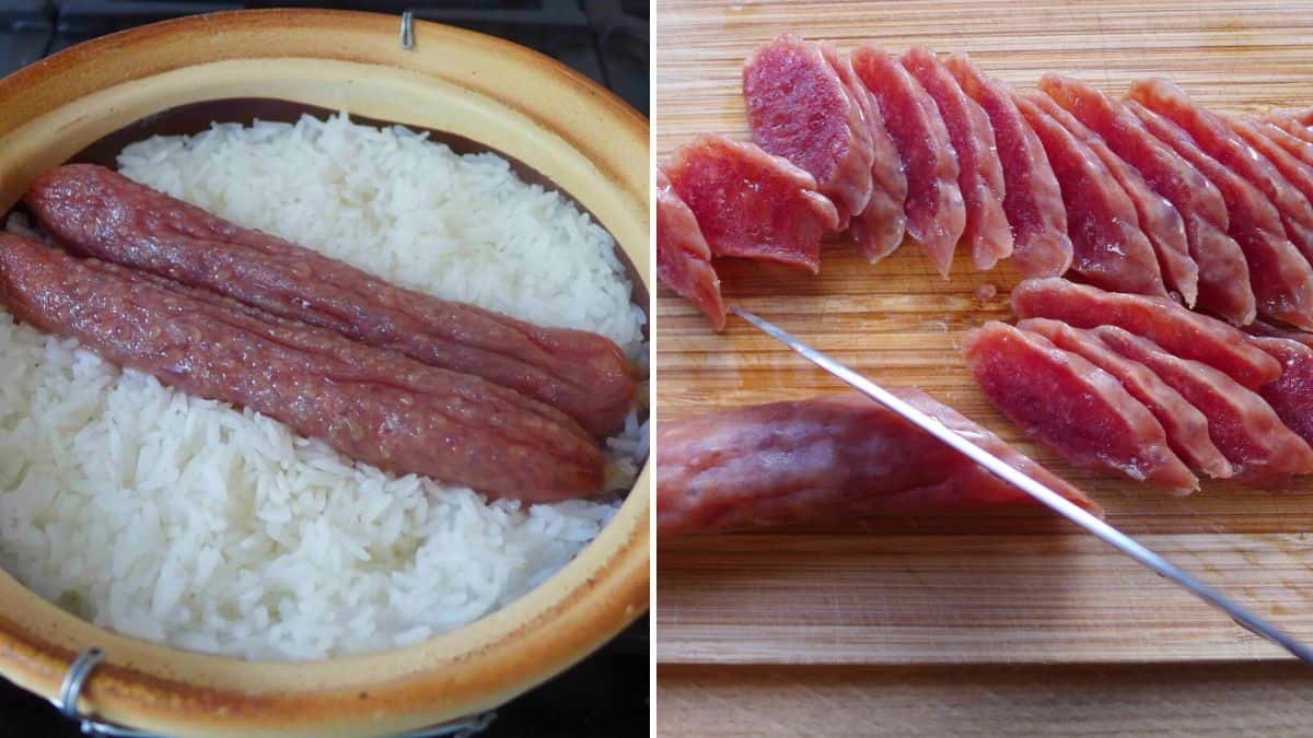 cooked and sliced chinese sausage.