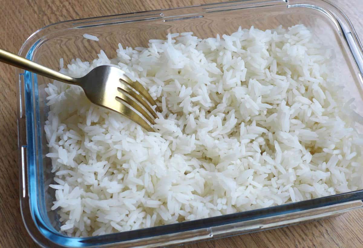 cooked rice in a container.