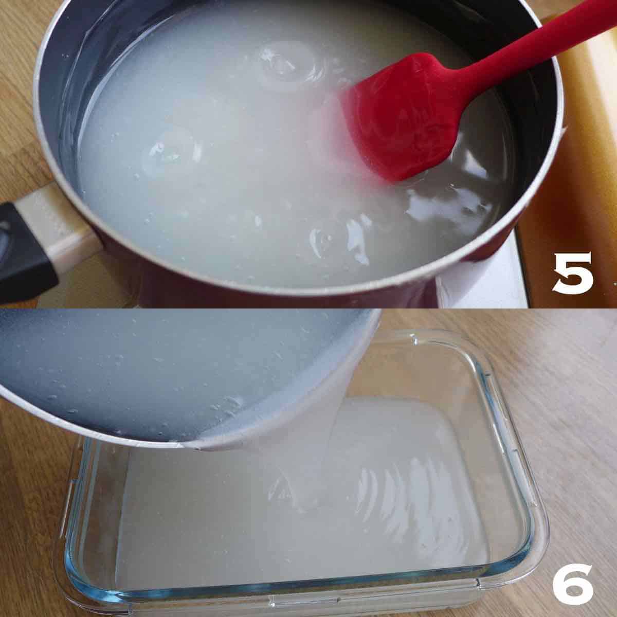 stir the thickened starch mixture then pour it into a container.
