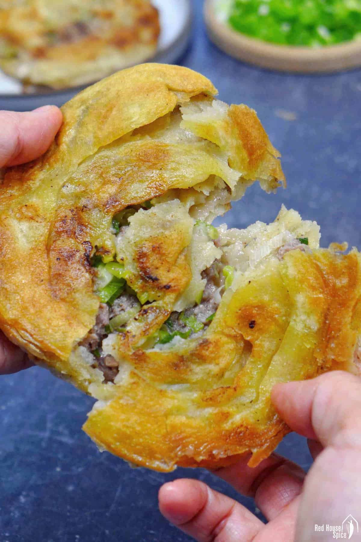 A crispy stuffed flatbread torn into halves.