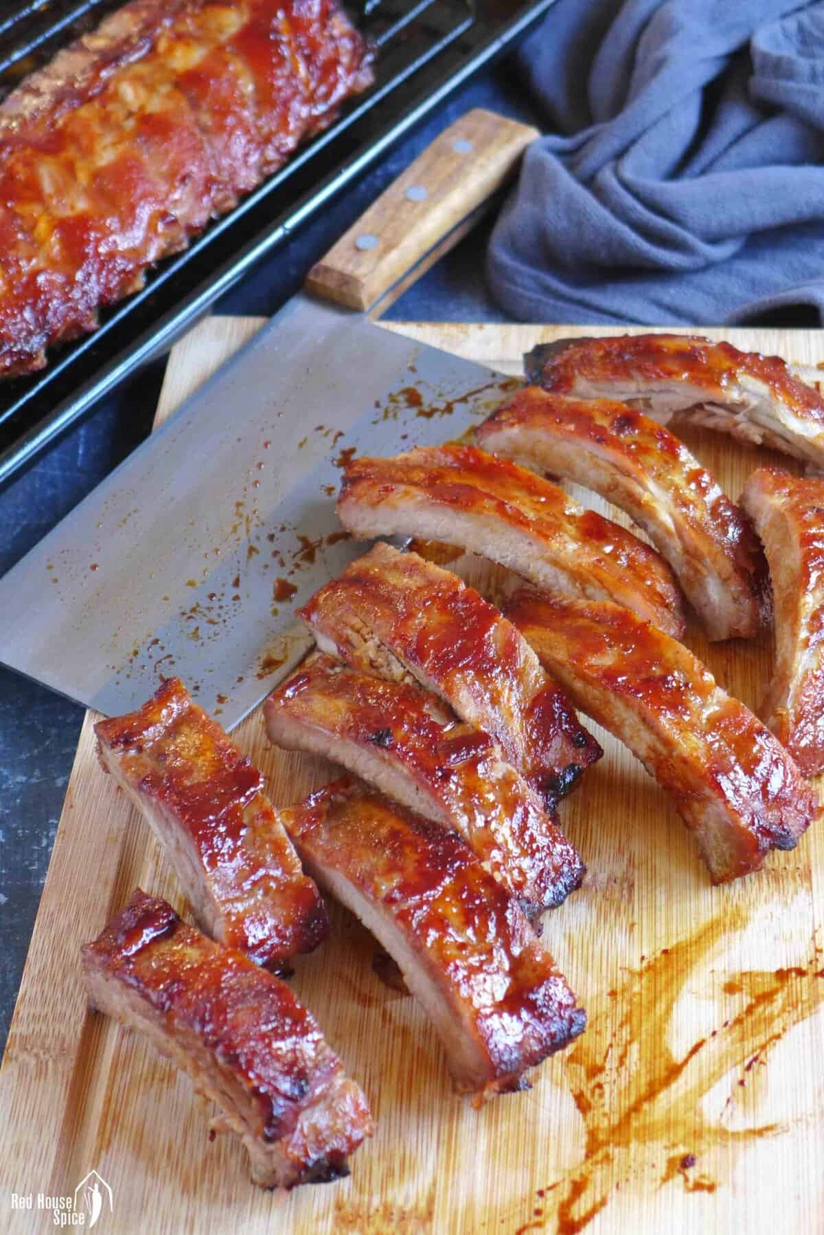 Char siu ribs cut into sections.