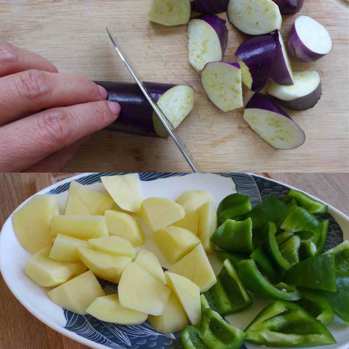eggplant, potato and pepper cut into pieces.