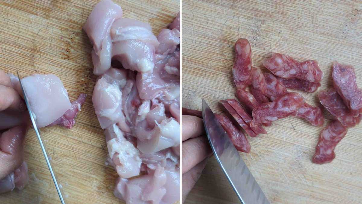 cutting chicken thighs and chinese sausage.