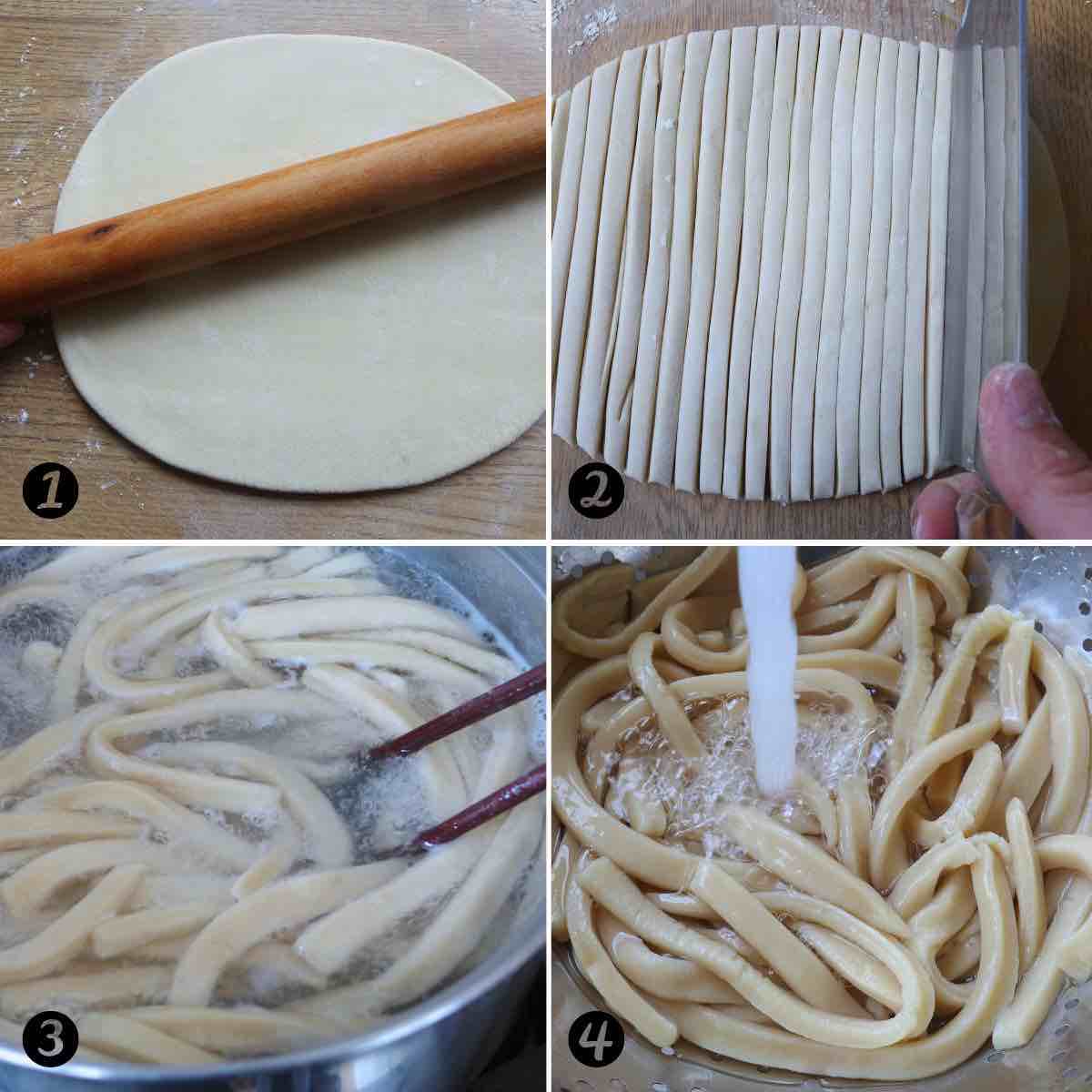 process photo collage of rolling dough and cutting noodles.