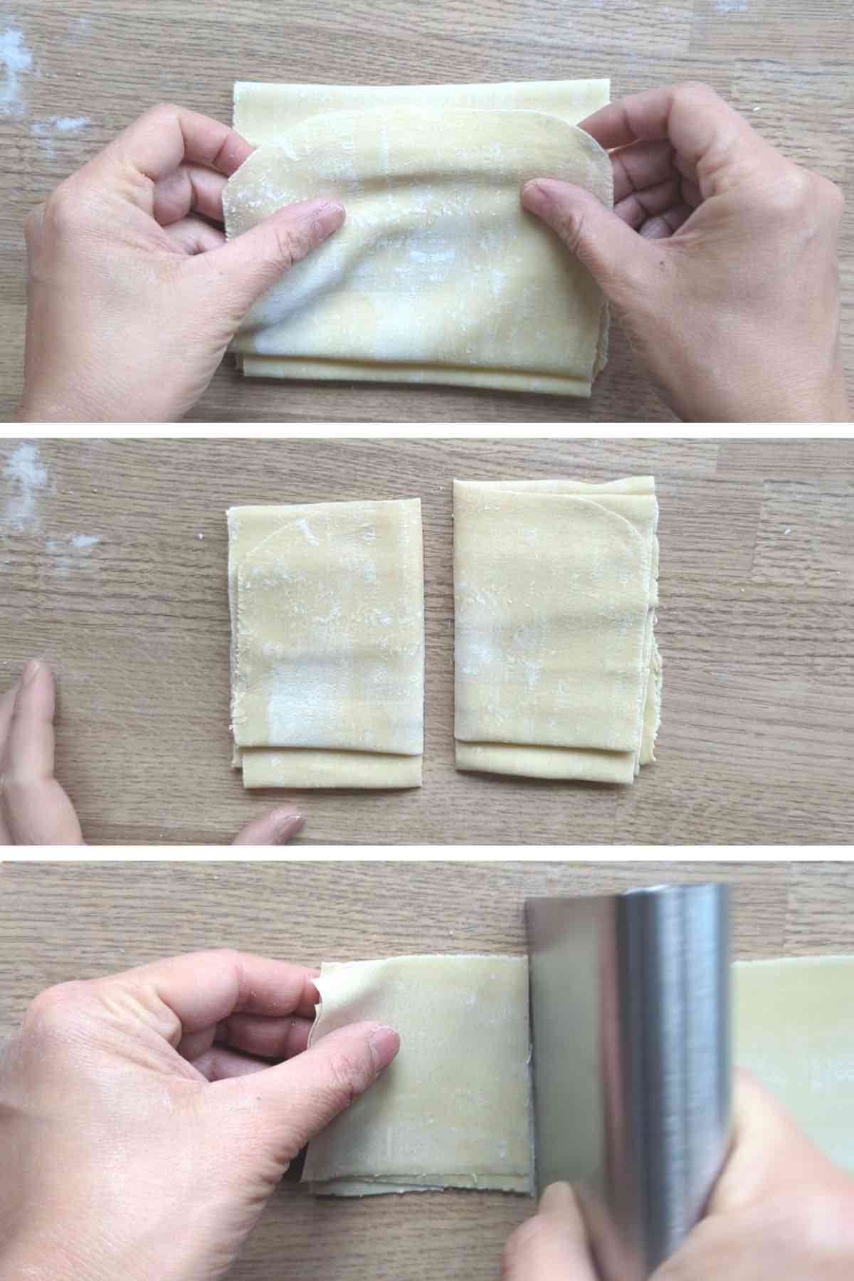 folding dough sheet to cut out wonton wrappers.