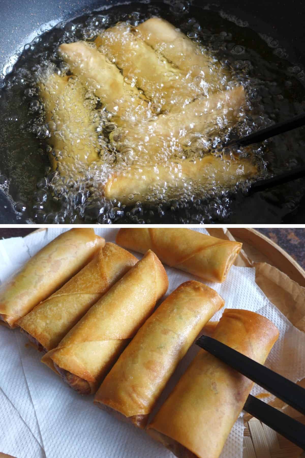 deep frying spring rolls