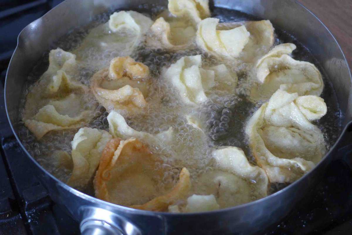 wontons in hot oil.
