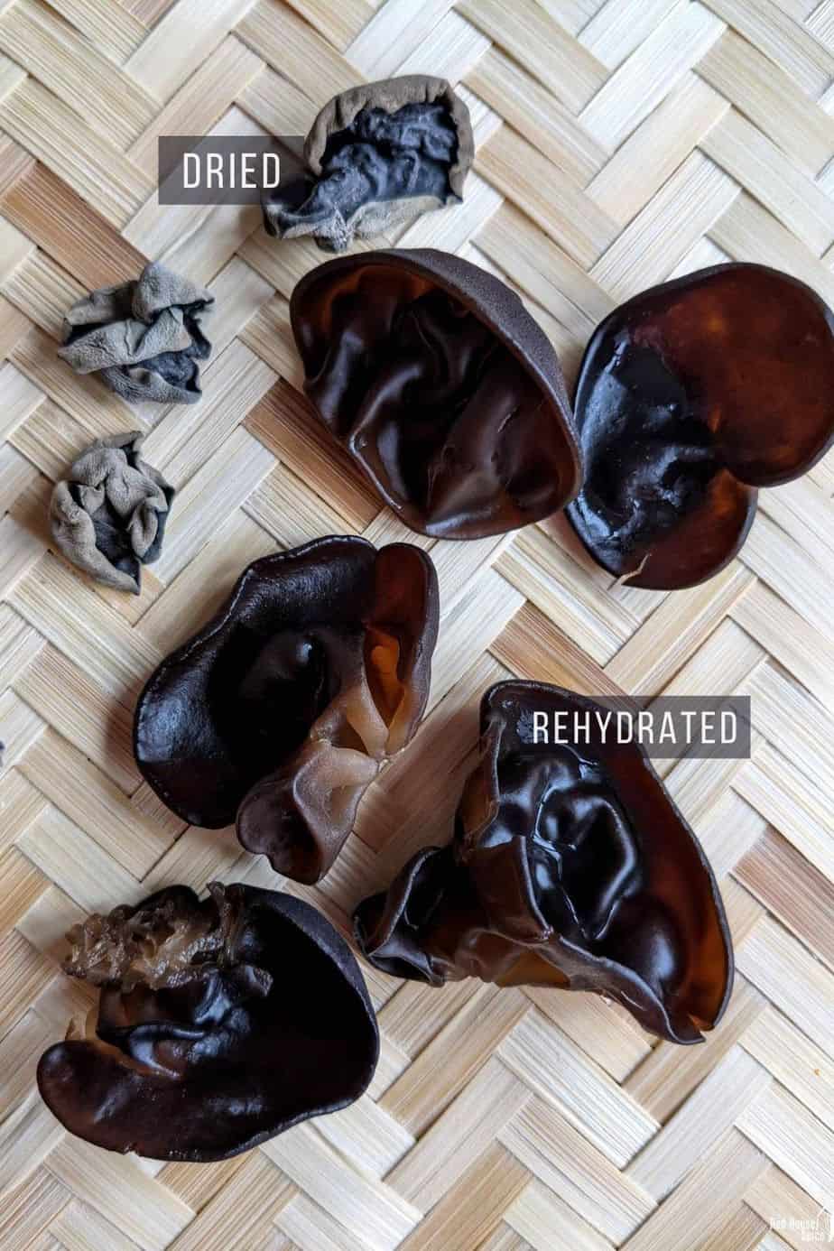 dried and rehydrated wood ear mushrooms