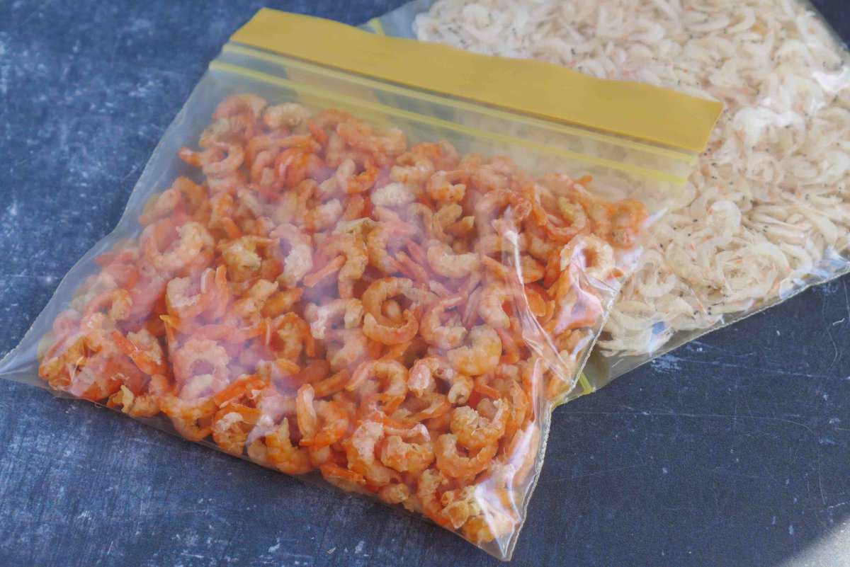 dried shrimp in plastic bags.