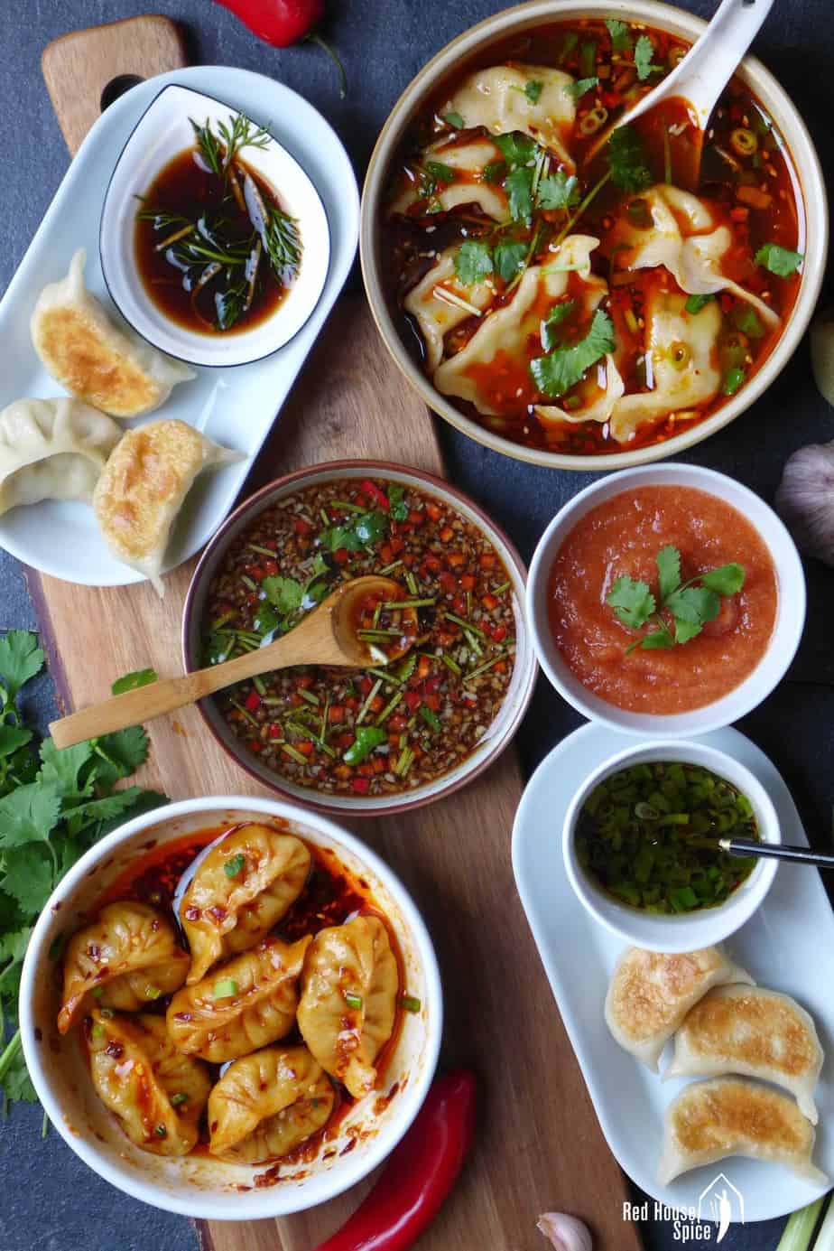 Six dumpling dipping sauces.
