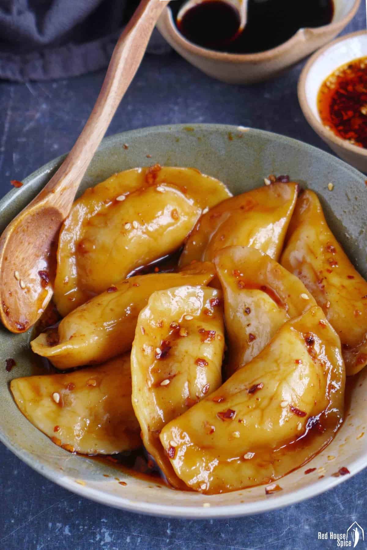 Sichuan dumplings in a bowl.