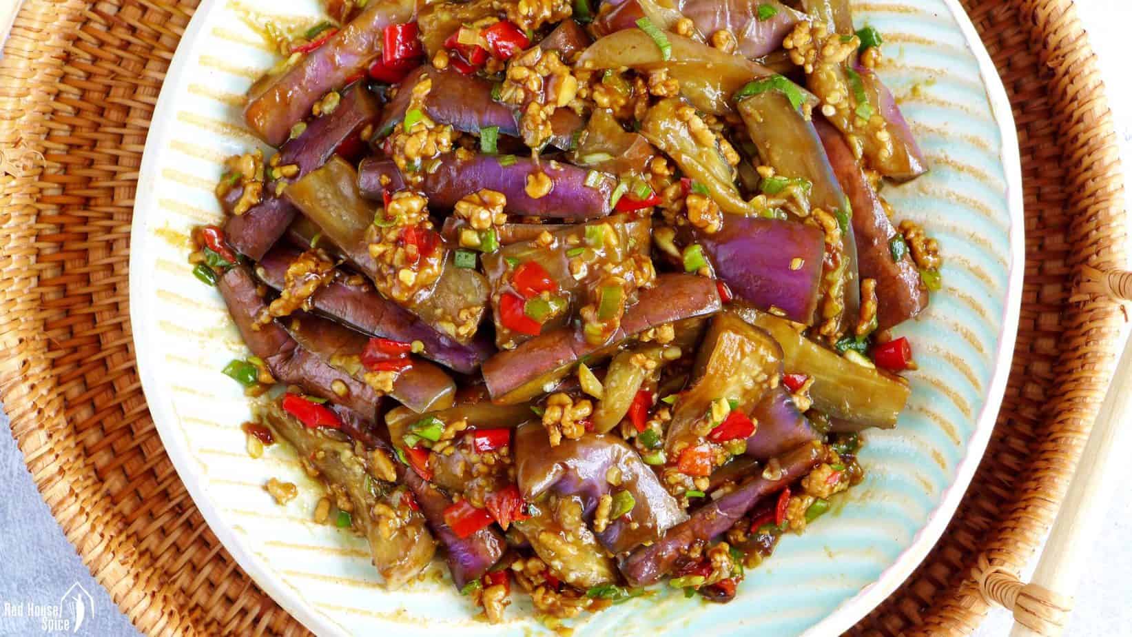 Chinese stir-fried eggplant with garlic sauce