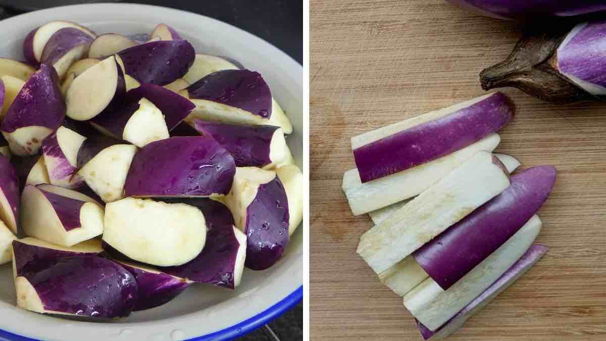 eggplants cut into chunks and sticks.