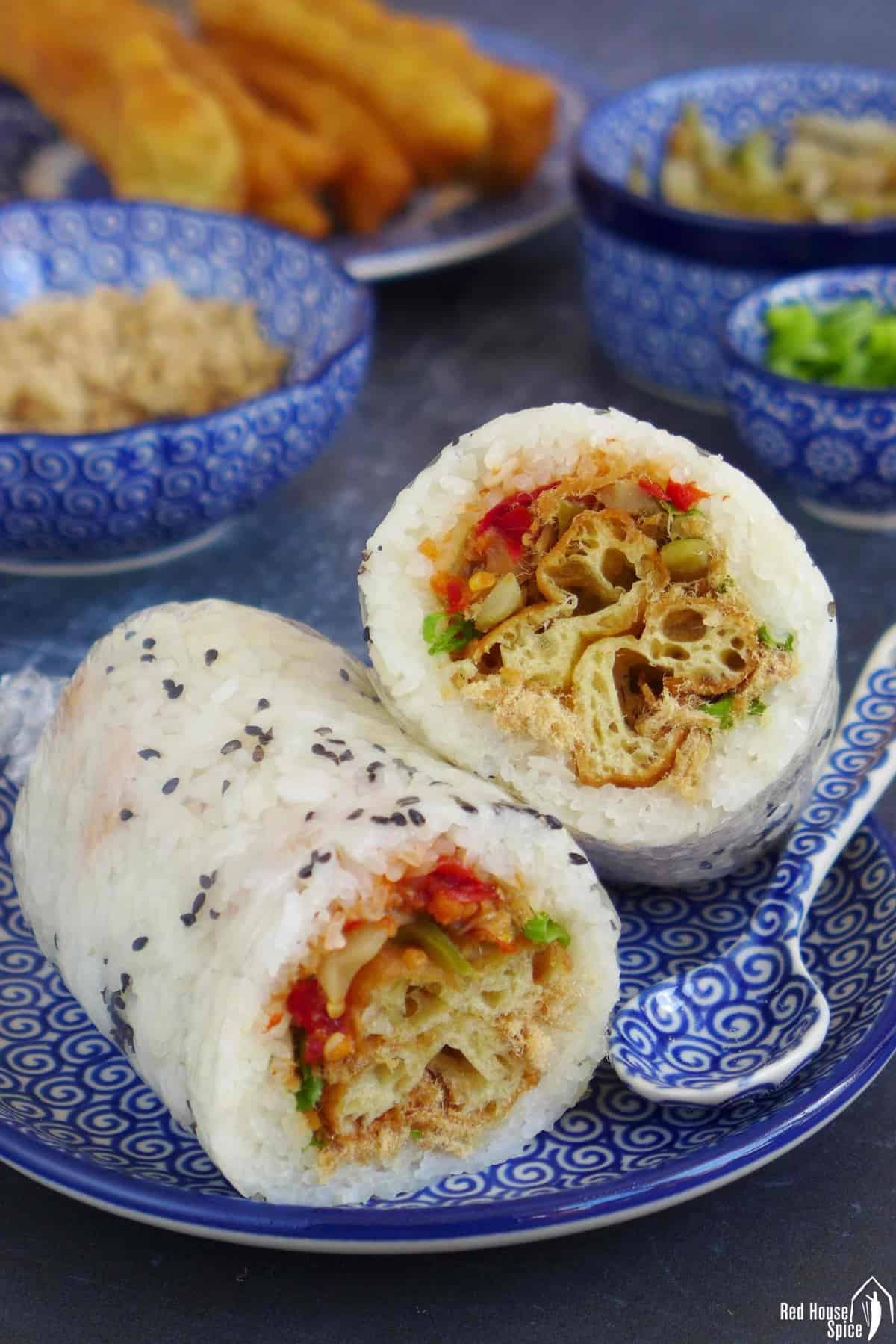 One Fan Tuan cut open showing the fillings