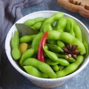 Chinese five spice edamame in a bowl.