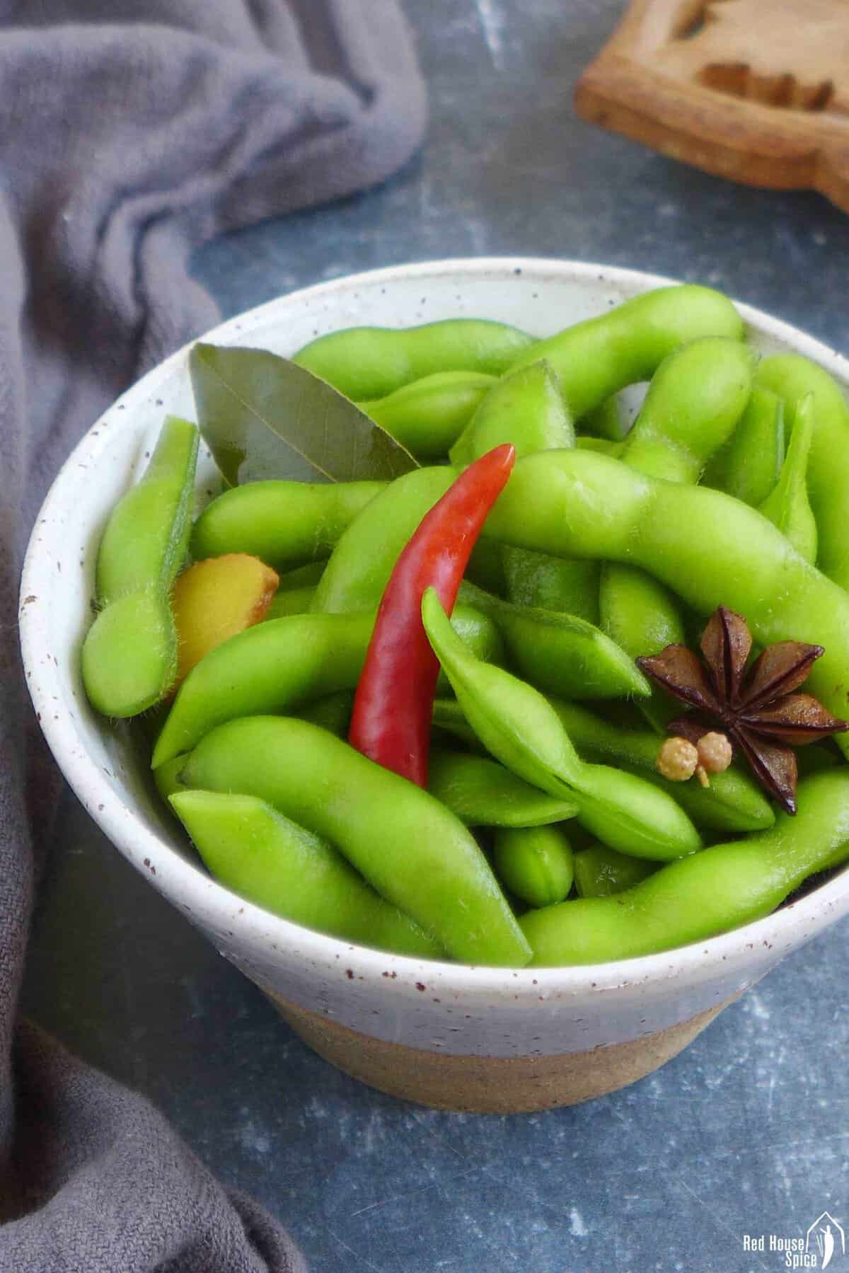 Chinese five spice edamame in a bowl.