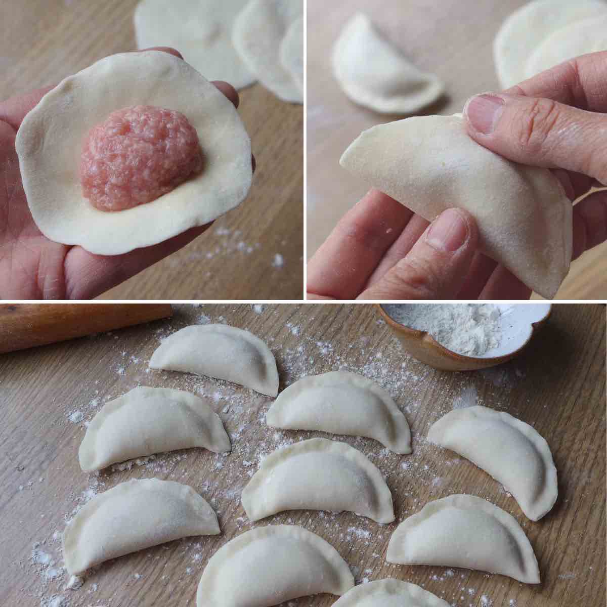folding flat half-circle dumplings.
