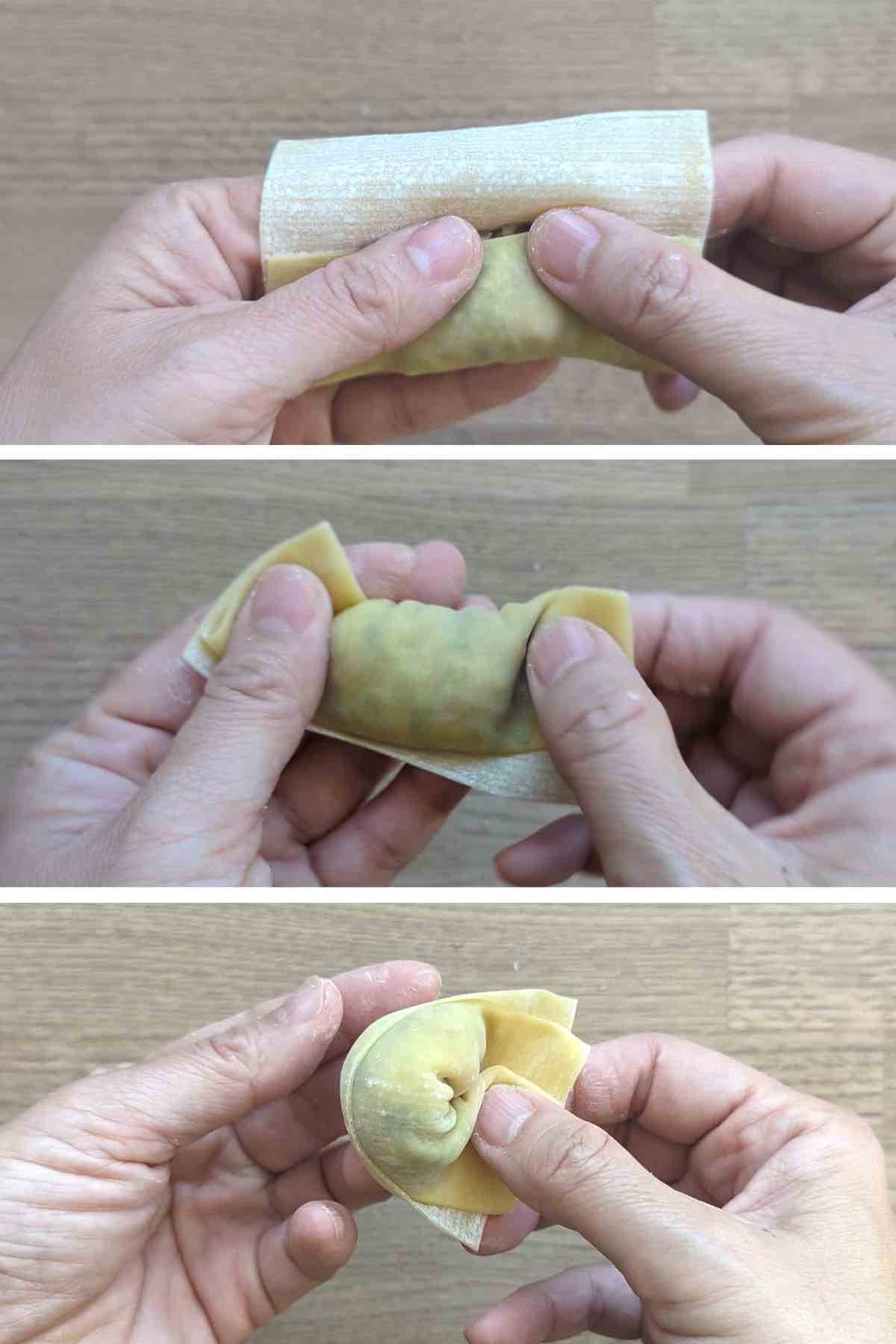 collage of three photos showing how to fold a wonton.