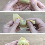 collage of three photos showing how to fold a wonton.