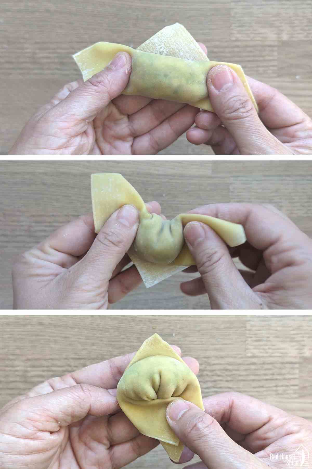 collage of three photos showing how to fold a wonton.