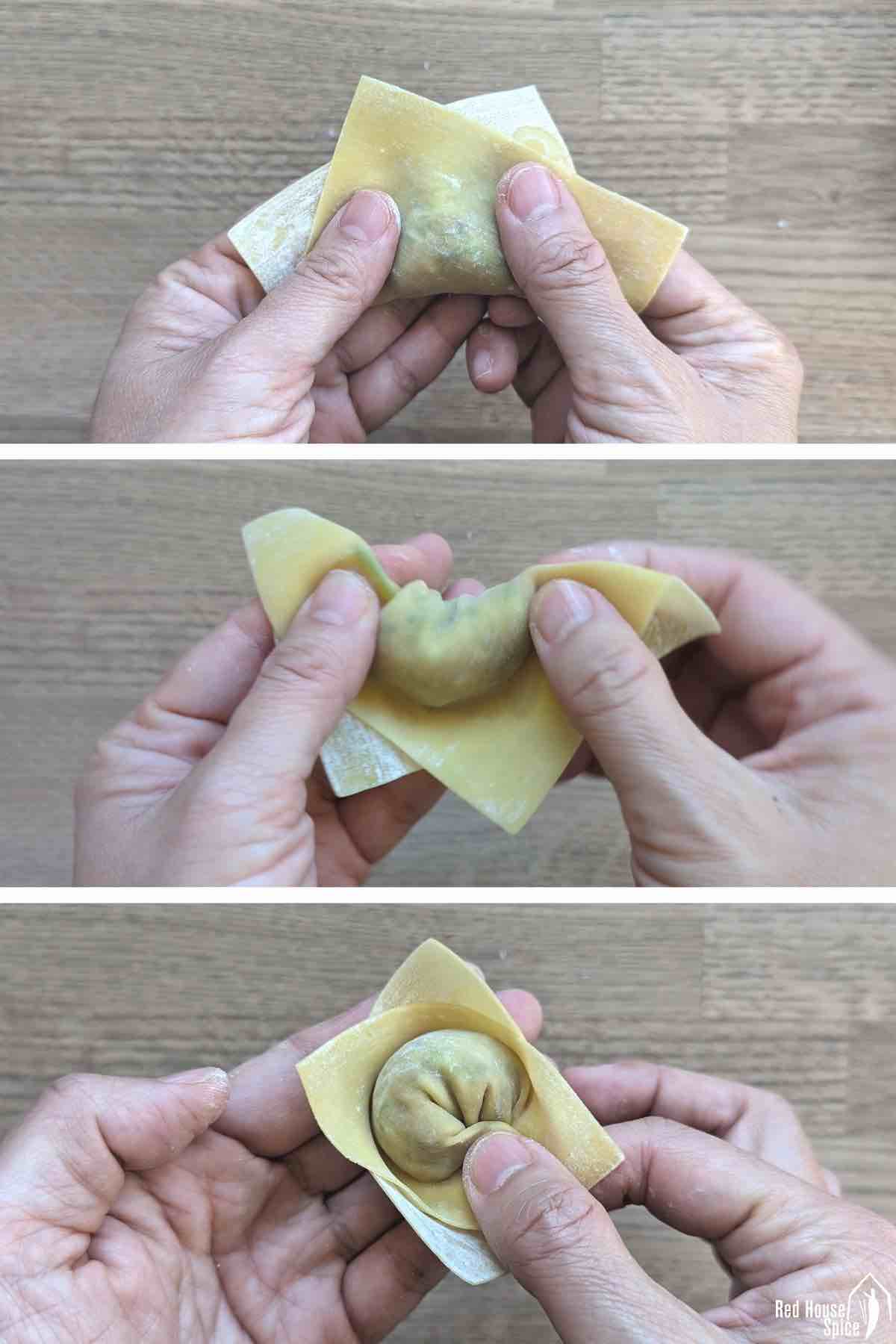 collage of three photos showing how to fold a wonton.
